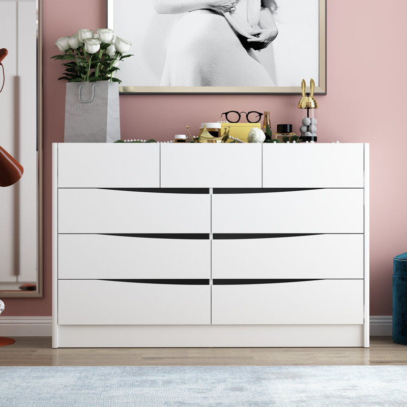 Ebern Designs 9 Drawer Dresser With Glass Tabletop | Wayfair